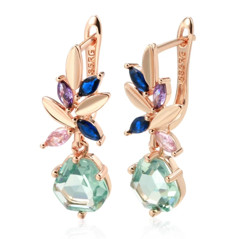 Wbmqda Light Green Stone Flower Shape Earrings For Women 585 Rose Gold Color Fashion Holiday Jewelry Accessories