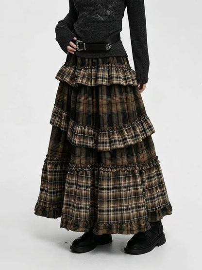Vintage Plaid Patchwork Skirts for Women Japanese High Waist Ruffles Splicing Midi Skirts Y2K Harajuku Streetwear A Line Skirts