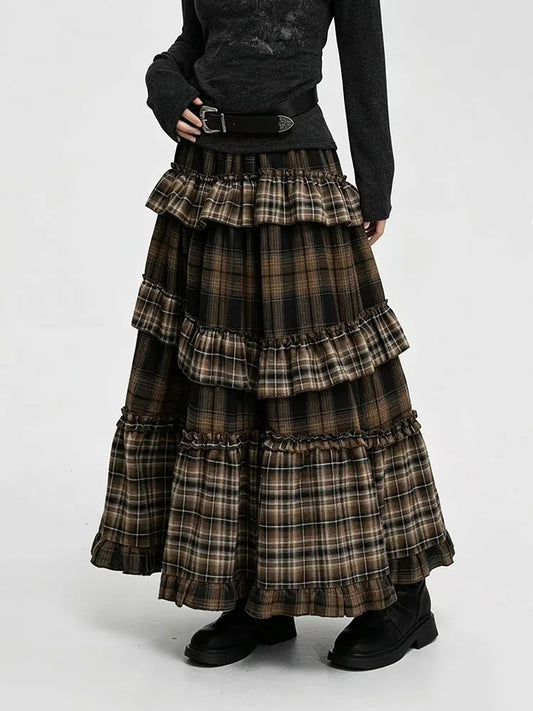 Women's Tiered Plaid Long Skirt — No Belt