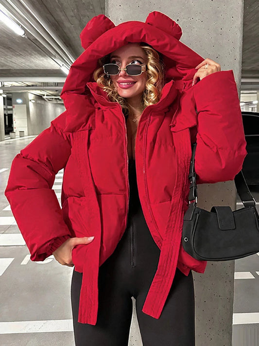 Bear Ear Hooded Women Jacket Drawstring Zippers Cropped Padded Coat Female 2026 Winter Chic Street Fashion Lady Outerwear