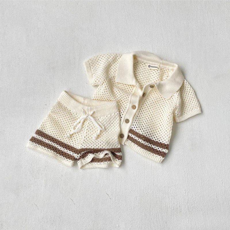 DGUKYM New Summer Baby Clothes Hollow Out Turn-down Collar Knitted Sweater Cardigan Shorts Set Baby Sweater Two-piece Set