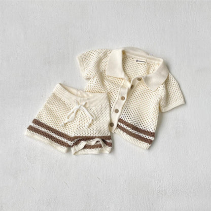 DGUKYM New Summer Baby Clothes Hollow Out Turn-down Collar Knitted Sweater Cardigan Shorts Set Baby Sweater Two-piece Set