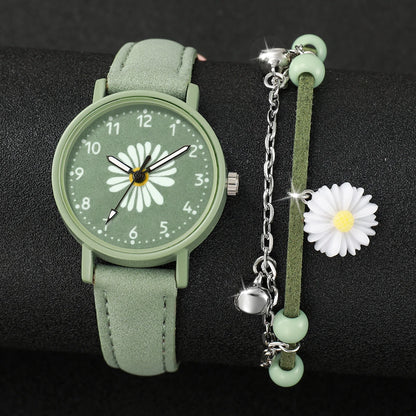 2PCS/Set Fashion Flower Dial Women's Watch Casual Leather Band Quartz Watches Bracelets Set（Without Box）