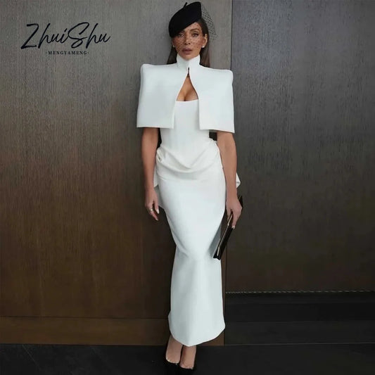 Women's White Cape-Style Occasion Dress