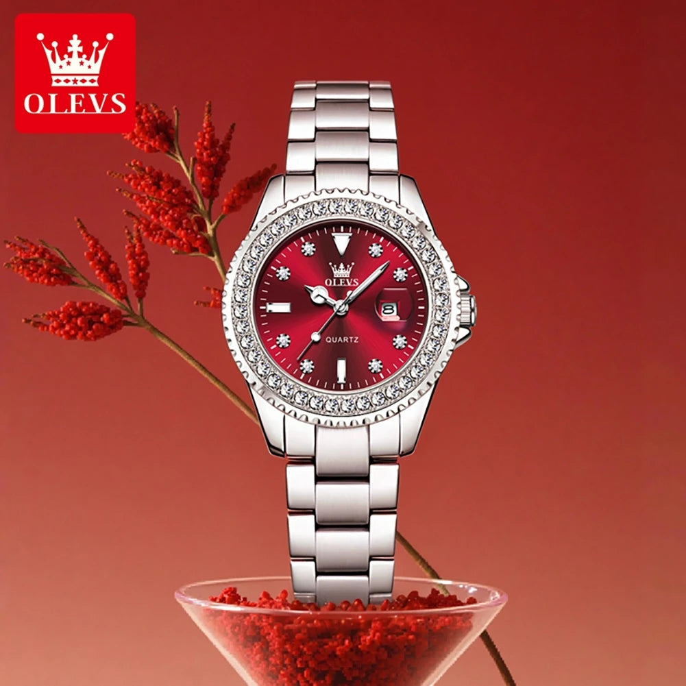 OLEVS 9945 Elegant Original Watches For Woman Quartz Watch Waterproof Luminous Automatic Date Ladies Watch Gifts Diamond Bezel