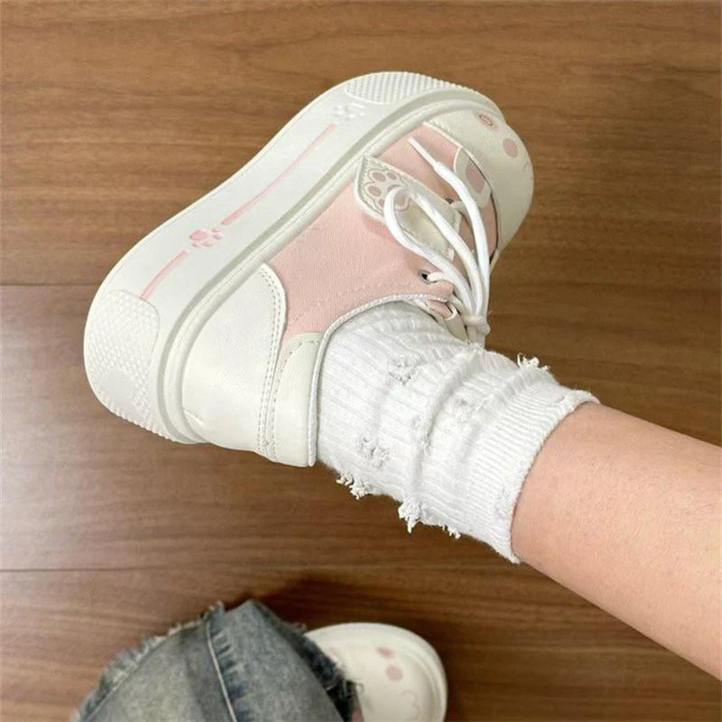 Lovely Girls Lolita Flat Platform,Young Women Students Sweet Cat Ears Elevator Canvas Shoes