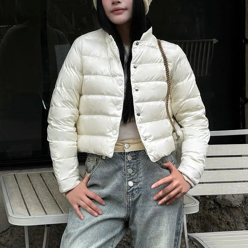 Lightweight Down Cotton Jacket Women Autumn Winter Fashion Stand Collar Warm Short Parkas Vintage Versatile Cotton-Padded Coat