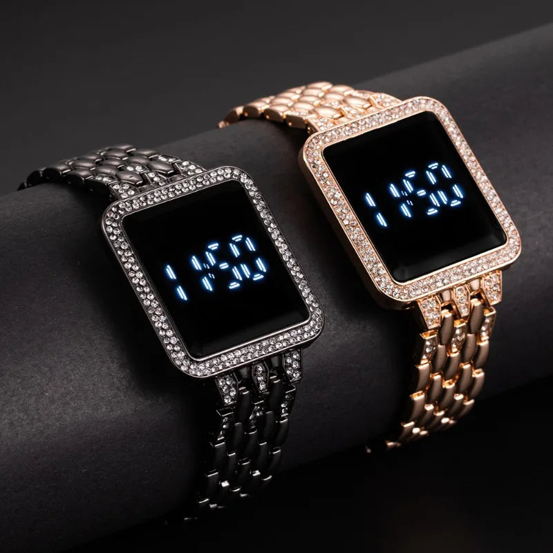 Luxury Diamond Digital Watches for Woman Simple Touch Screen Women LED Watch Fashion Steel Strap Ladies Watch Gift Reloj Mujer