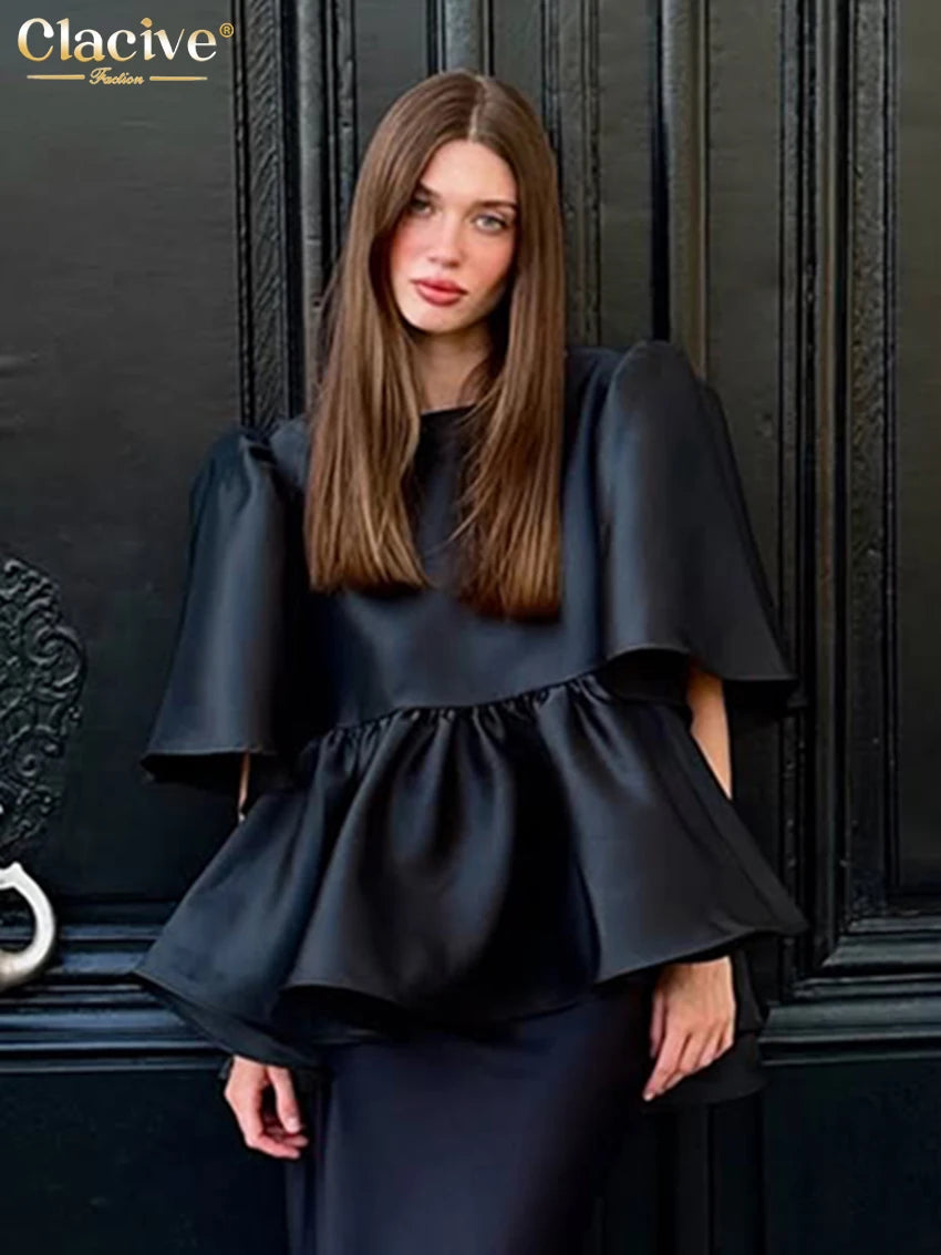 Clacive Fashion Loose Black Satin Women's T Shirt 2026 Summer O-Neck Short Sleeve T-Shirts Elegant Classic Top Female Clothing