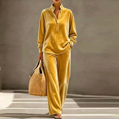 Autumn Winter Solid Soft Velvet 2 Piece Set Women Fashion Stand Neck Button Blouses High Waist Pants Sets Long Sleeve Warm Suits