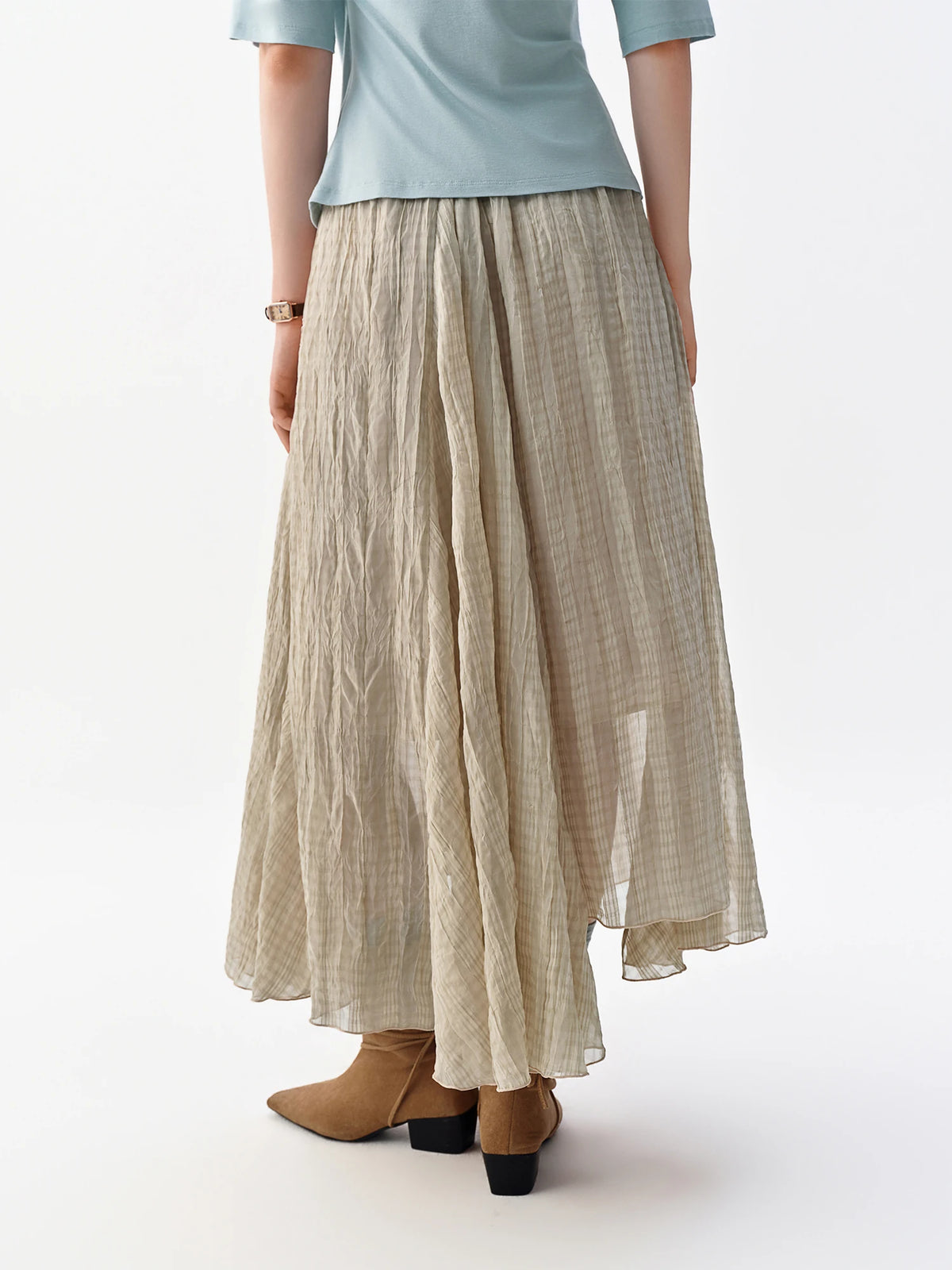 DUSHU Retro Nomadic Style Plaid Midi Skirt Women Irregular Design New Autumn 2026 Elastic Waist Casual Midi Skirt Khaki