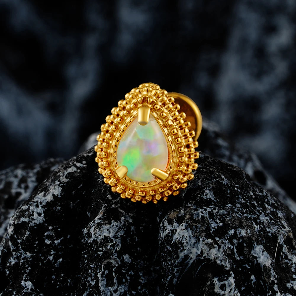 Right Grand ASTM F136 Titanium Pear Teardrop Opal& CZ Piercing Jewelry Flat Back Stud Cartilage Earring for Conch Helix Tragus