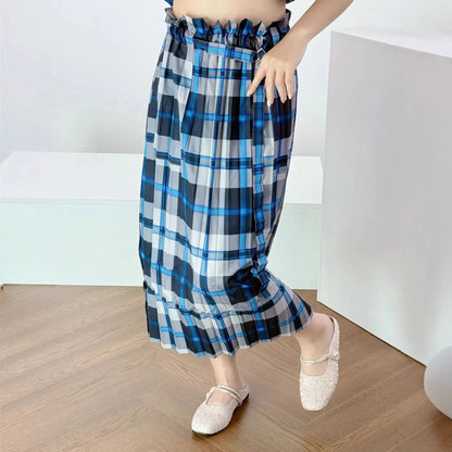 Vibrant Red-Blue Plaid Miyake Pleated Midi Skirt Ruffled Waistband Self-Tie Belt Women Casual Daily Office Weekend Brunch Skirt