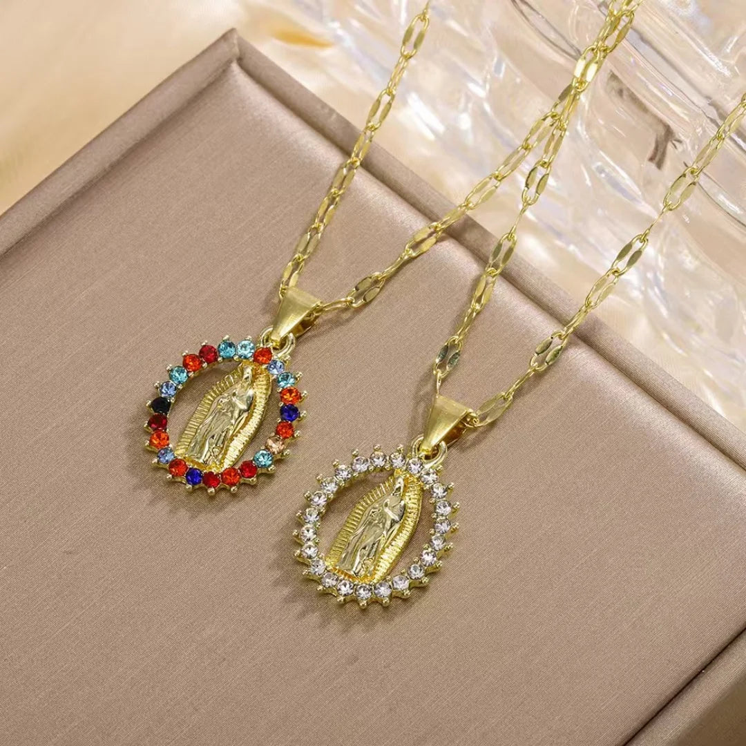 EXQUISITE AND STYLISH DESIGN, HOLLOW NECKLACE OF THE VIRGIN MARY ADORNED WITH BEAUTIFULLY SET COLORED ZIRCONIA