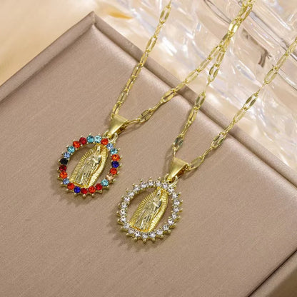 EXQUISITE AND STYLISH DESIGN, HOLLOW NECKLACE OF THE VIRGIN MARY ADORNED WITH BEAUTIFULLY SET COLORED ZIRCONIA