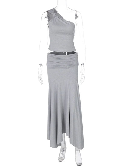 Fashion Pleated 2 Piece-Set Long Skirt For Women Off-Shoulder Cropped Pullover Top And Slim Long Skirt Sets Female Outfits 2026