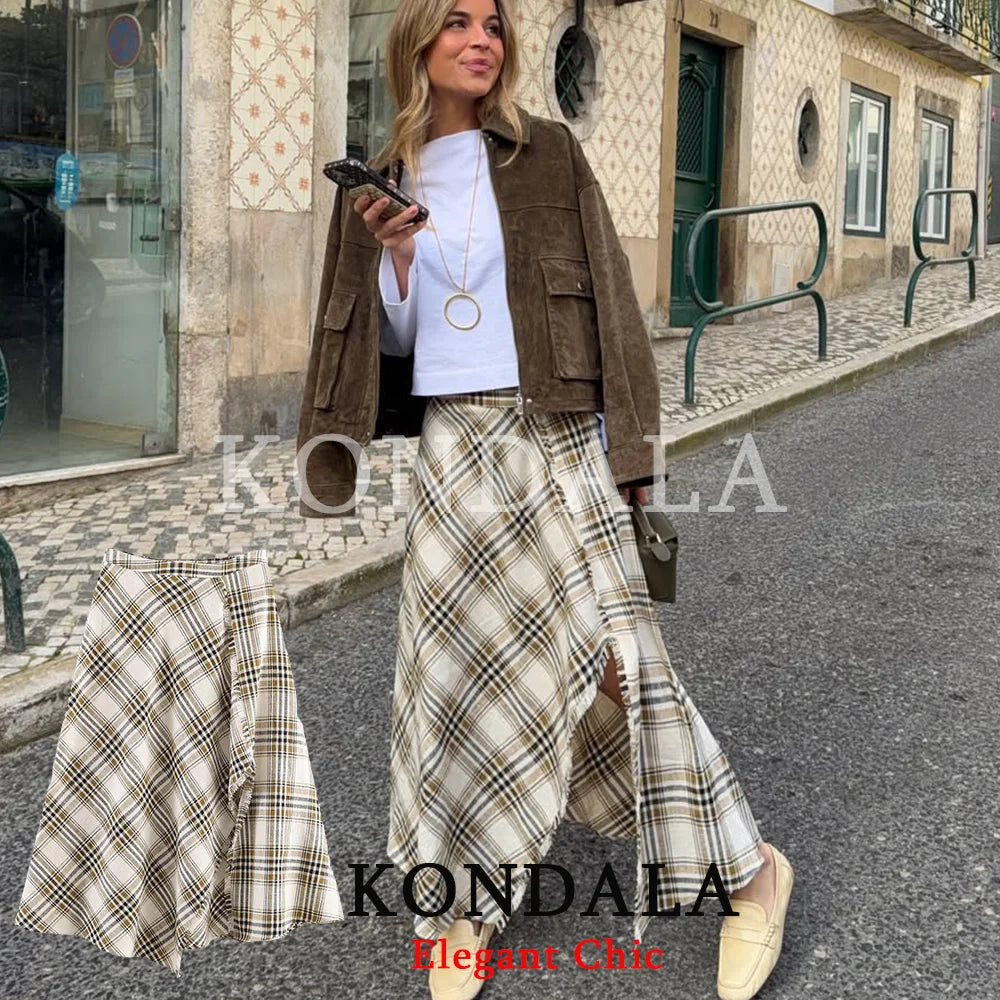 KONDALA Women Trendy Holiday Midi Skirt Asymmetric Plaid Split Fork Skirt Fashion 2026 Spring Summer Streetwear Party Lady Skirt