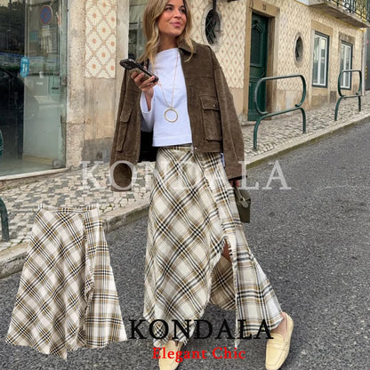 KONDALA Women Trendy Holiday Midi Skirt Asymmetric Plaid Split Fork Skirt Fashion 2026 Spring Summer Streetwear Party Lady Skirt