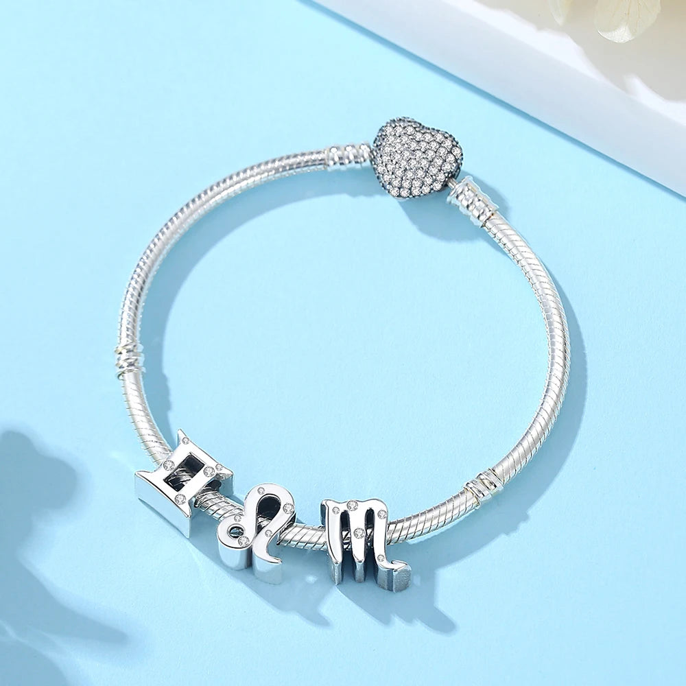 Original 925 Sterling Silver Charms Beads 12 Zodiac A-Z Letters Virgo Aries Fit Brand Bracelets Necklaces Jewelry For Women