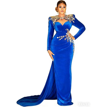 Vintage Black Velour Mermaid Evening Dresses Pretty Appliques Flowers Beaded Aso Ebi Formal Party Gown With Train Cocktail Dress