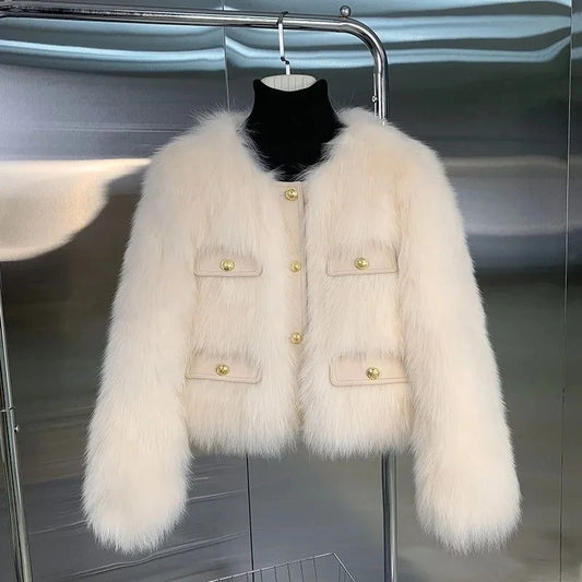 Women's Cropped Faux Fur Button-Front Jacket