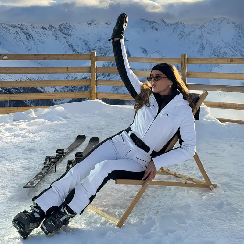 Cotton Padded Zipper Hooded Jumpsuits Skiwear Parka Women Belts Long Sleeve Straight Jacket Winter Outdoor One-Piece Overalls