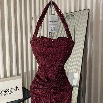 Amanda Customized Wine Red Halter Prom Dress Beaded High Waist Split Satin Lace vestidos de noche Slim Mermaid Formal Evening