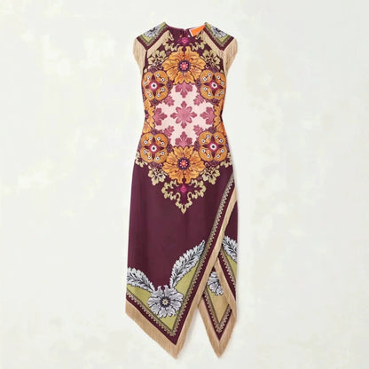 Vintage Bohemian Scarf Print Midi Dress Women Elegant Floral Sleeveless Wrap Dress Summer Asymmetrical Handkerchief Hem Fringe