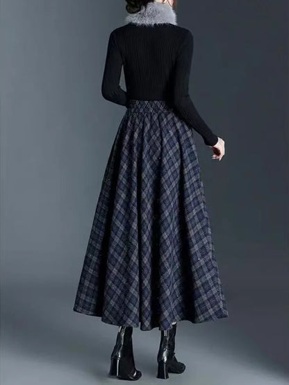 Vintage Plaid Midi Skirts for Women Korean High Waist Casual Faux Wool Skirts Y2K Elegant Office Lady All Match A Line Skirts