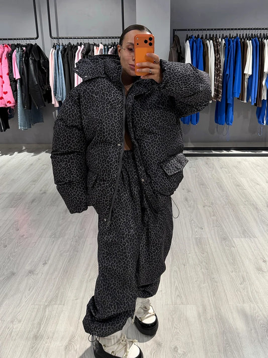 Women Leopard Print 2‑Piece Outfit Hooded Puffer Coat Wide Leg Pants Set Loose Warm Winter Street  Ladies Matching Outfit Suit