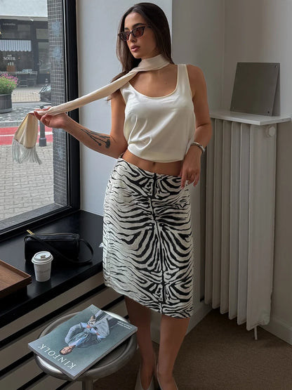 HH Vintage Zebra Print Midi Skirt Women's 2026 Autumn Low Waist Y2K A-Line Skirt Elegant Sexy Hot Girl Elegant Casual Skirt