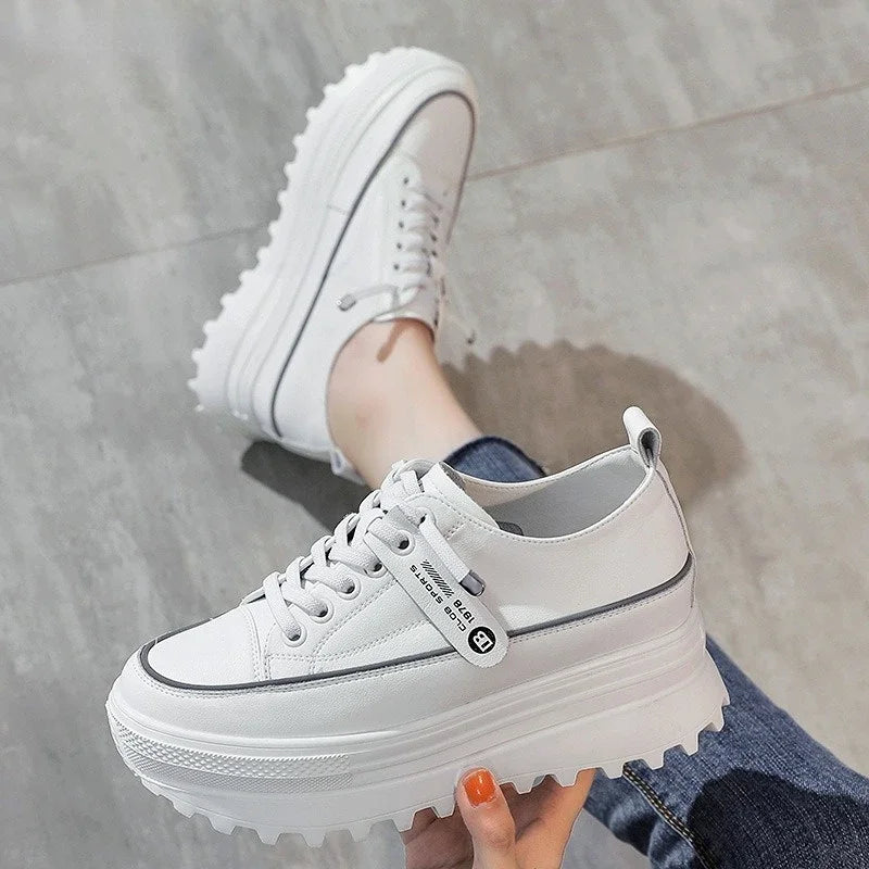 Fujin 5.5cm Genuine Leather Platform Wedge Shoes Chunky Sneaker White Casual Shoes Comfortable Breathable Autumn Autumn Shoes