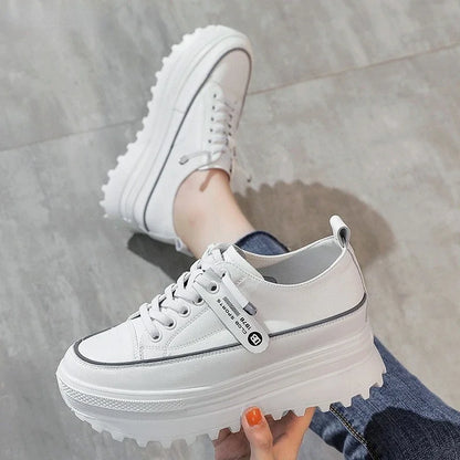 Fujin 5.5cm Genuine Leather Platform Wedge Shoes Chunky Sneaker White Casual Shoes Comfortable Breathable Autumn Autumn Shoes