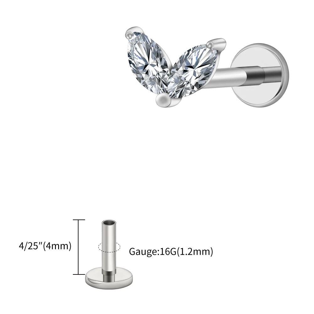 Right Grand ASTM F136 Titanium Tiny Double Marquise CZ Labret Stud Earring 16G Heart CZ Cartilage Helix Tragus Conch Piercing