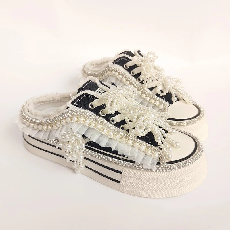High Quality Shiny Sequined Slippers Flat Shoes Crystal Pearl Studs Canvas Shoes Loafers Shiny Women's Vulcanized Slippers