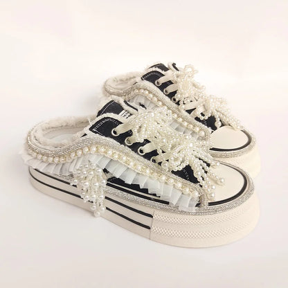 High Quality Shiny Sequined Slippers Flat Shoes Crystal Pearl Studs Canvas Shoes Loafers Shiny Women's Vulcanized Slippers