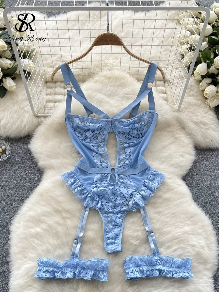 SINGREINY Women Erotic Sexy Lace Rompers Sleeveless Backless Slim Short Playsuit Transparent Underwear Hollow Out Mesh Bodysuits
