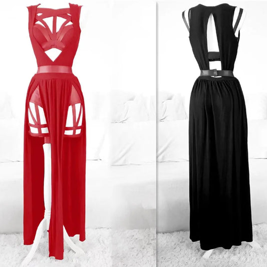 New Sexy Summer Suit Women Sleeveless Gothic Vintage Black Corset Crop Top + Bandage Underpants Mesh Split Skirt 3pcs Sets