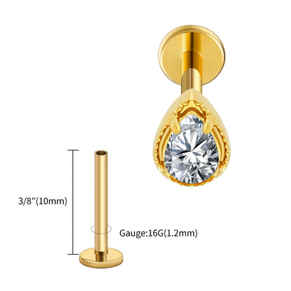 Right Grand ASTM F136 Titanium Teardrop CZ Cartilage Earring Threaded Labret Stud 16G Tiny Pear CZ Helix Conch Earlobe Piercing