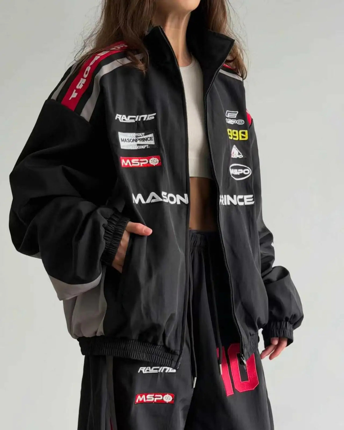 American White Racing Suit Set Women Red White Navy Blue Contrasting Embroidery Loose Jacket Wide Leg Sports Pants Two-piece Set