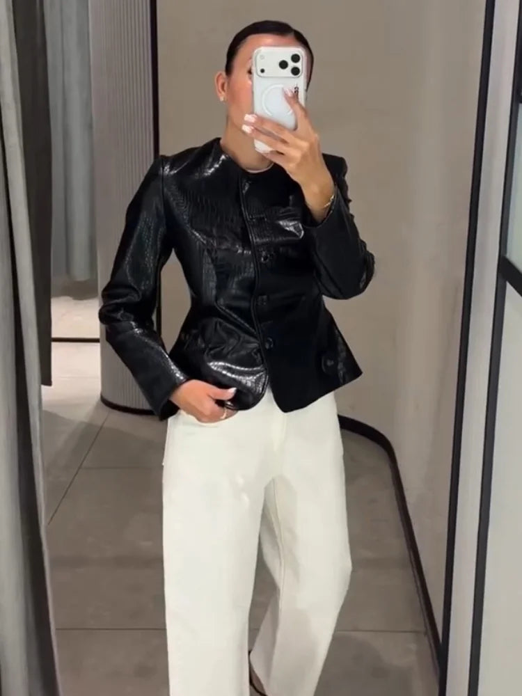 Croc Embossed Faux Leather Jacket Round Neck Button Front Long Sleeve 2026 Autumn Women Chic Date Outfit Street Trendy Outerwear