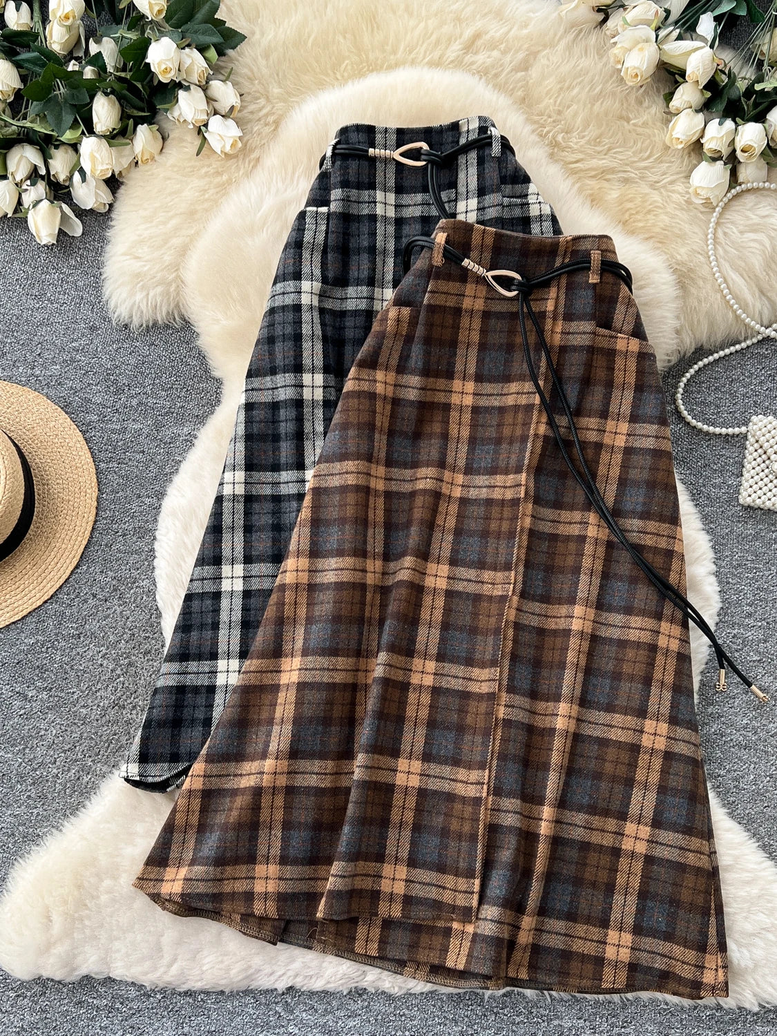 Retro Plaid Splicing A-Line Midi Skirt Women's High Waist Slimming Commute Elastic Waist Skirts Korean Style City Commute