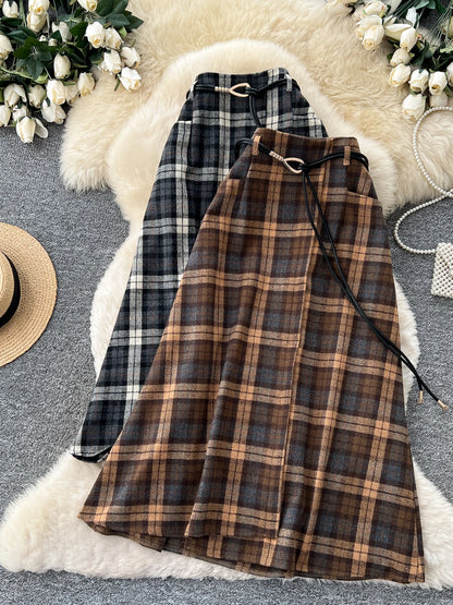 Retro Plaid Splicing A-Line Midi Skirt Women's High Waist Slimming Commute Elastic Waist Skirts Korean Style City Commute