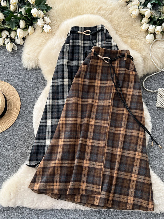 Retro Plaid Splicing A-Line Midi Skirt Women's High Waist Slimming Commute Elastic Waist Skirts Korean Style City Commute