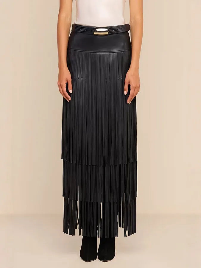 Women Faux Leather Maxi Skirt High Waist Tiered Fringe Long Skirt Fashion Side Split Tassel Skirt For Party Club Nightwear