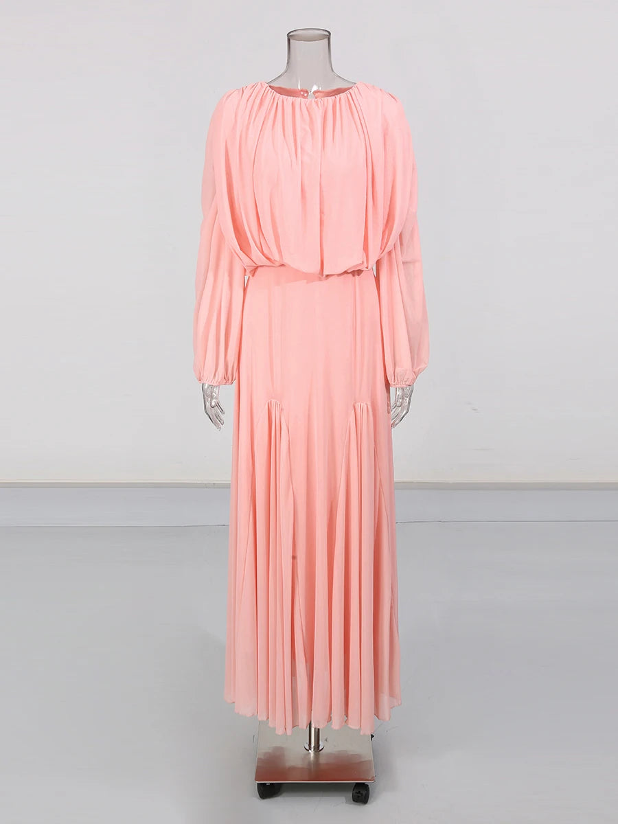 Women's Pleated Long-Sleeve Maxi Dress