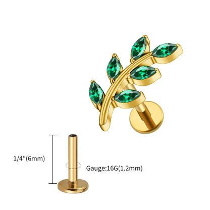 Right Grand ASTM F136 Titanium 16G Marquise CZ Leaves Stud Earring Leaf Shaped Helix Cartilage Conch Flat Back Piercing Jewelry