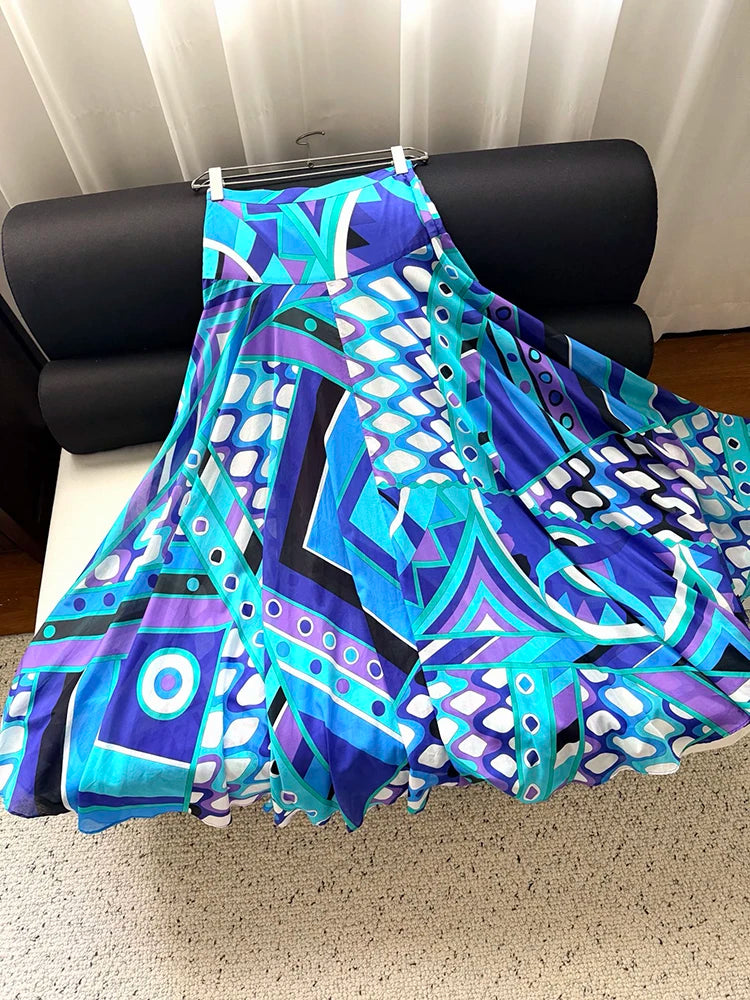 Spring Summer Fashion Resort Elegant Geometric Print Cotton Long Skirt Women's Middle Waist Slim A-Line Big Swing Skirt