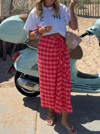 HH Elegant Summer Red Plaid Midi Skirt For Women Chic High Waist Stacked Ruffle Decoration Midi Skirt Female Party Wear