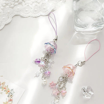 Purple Pink Jellyfish Key Chain Wind Chimes Star Heart Beaded Keyring for Phone Camera Earphone Case Charm Pendant Keycord